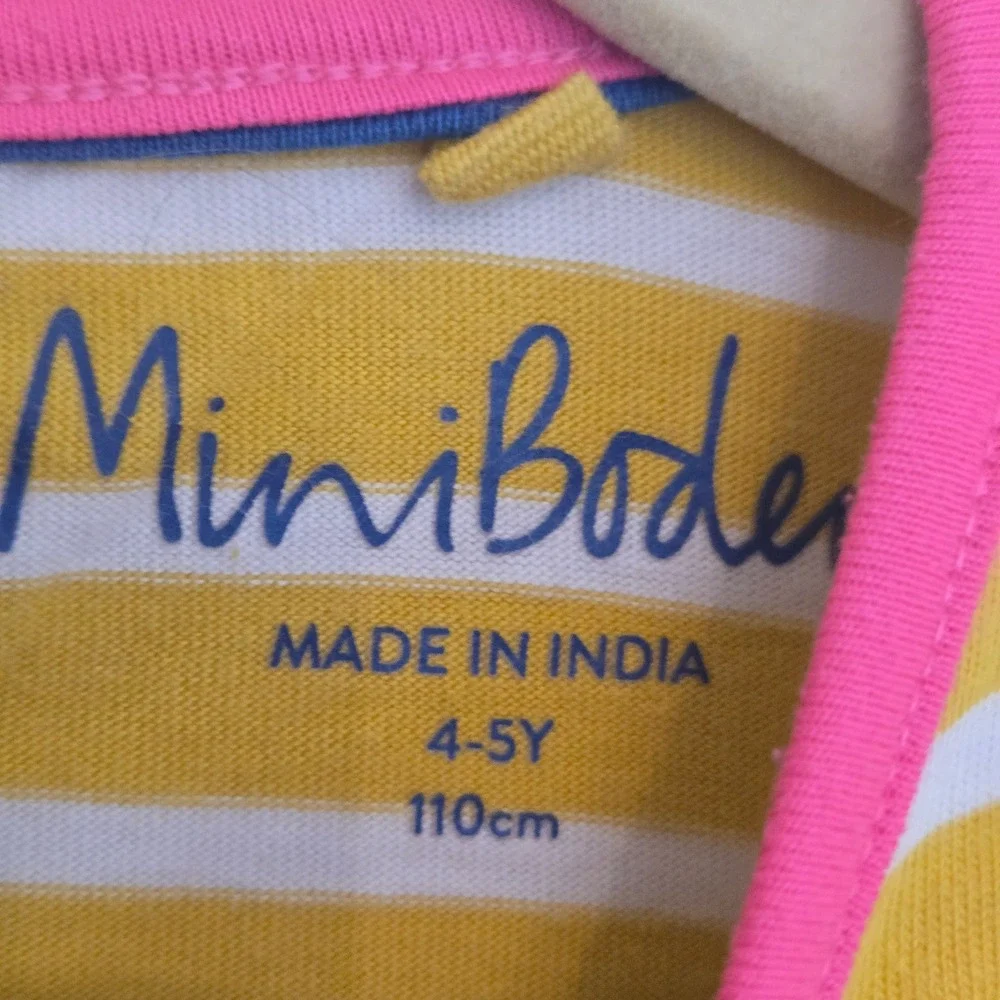 Mini Boden Girls Yellow Striped Sloth Palm Tree Applique Jersey Dress 4-5Y 110cm